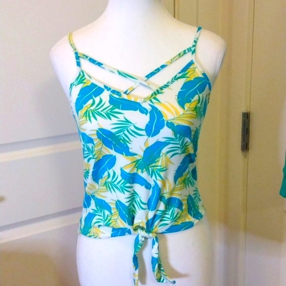 Poof! Tops - Poof Small tank, spaghetti straps and tie at front hem. Cotton/poly/stretch, EUC